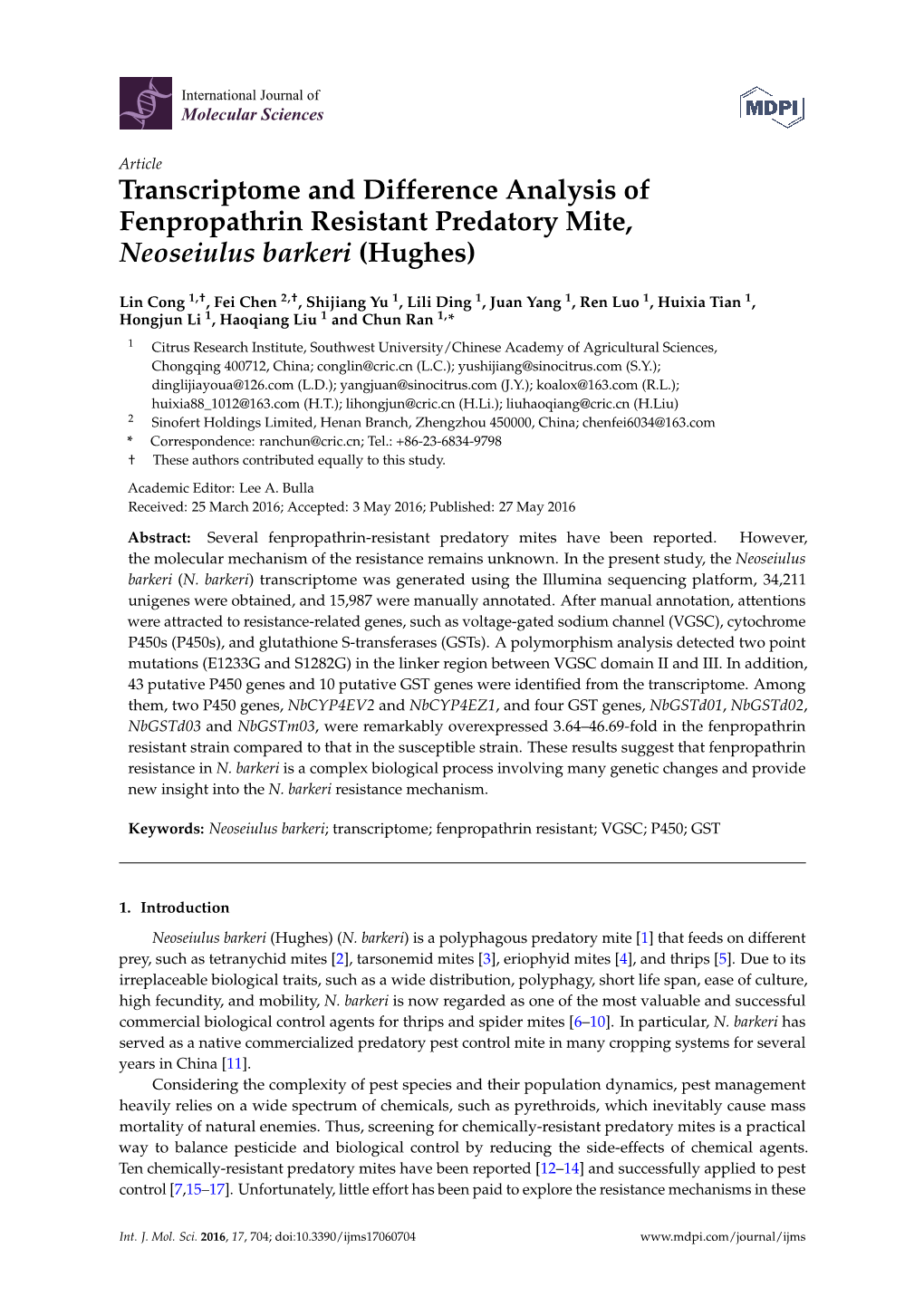 Transcriptome and Difference Analysis of Fenpropathrin Resistant Predatory Mite, Neoseiulus Barkeri (Hughes)