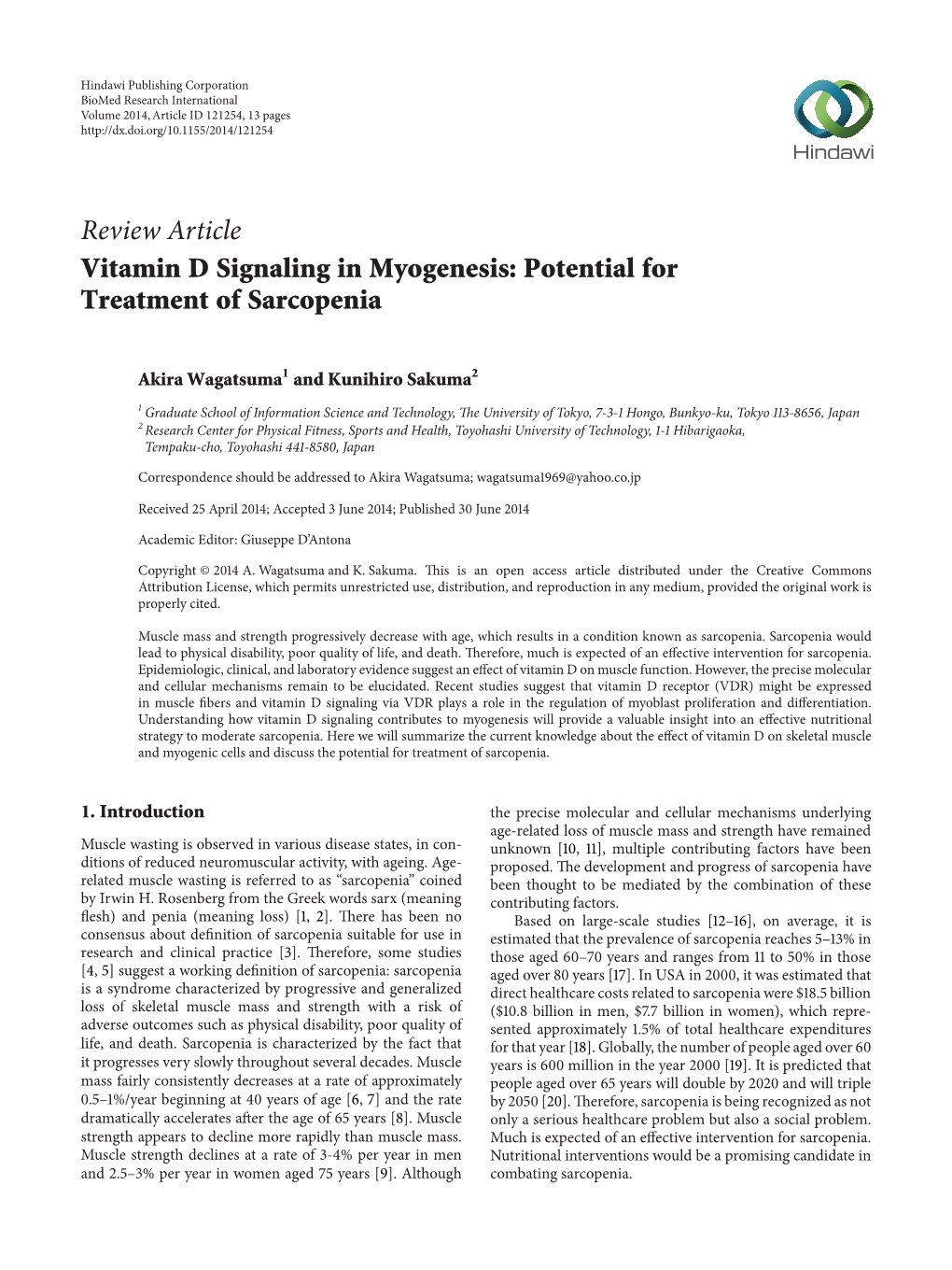 Vitamin D Signaling in Myogenesis: Potential for Treatment of Sarcopenia