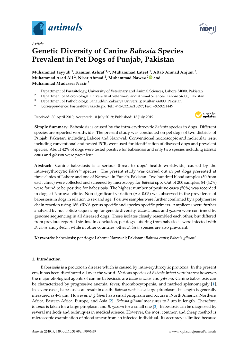 Genetic Diversity of Canine Babesia Species Prevalent in Pet Dogs of Punjab, Pakistan