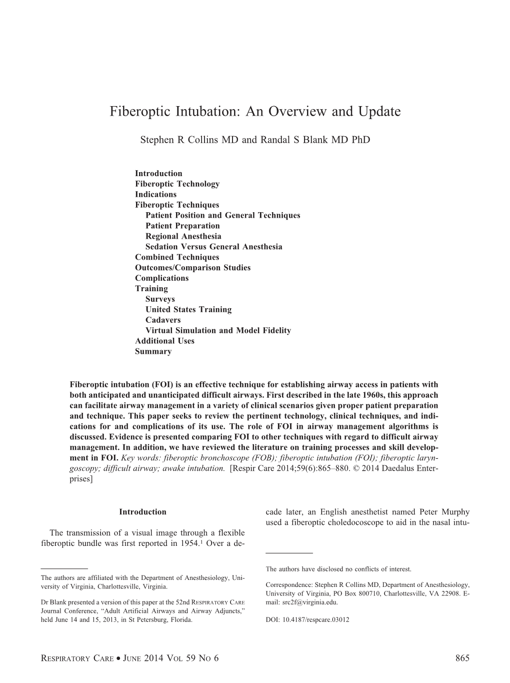 Fiberoptic Intubation: an Overview and Update