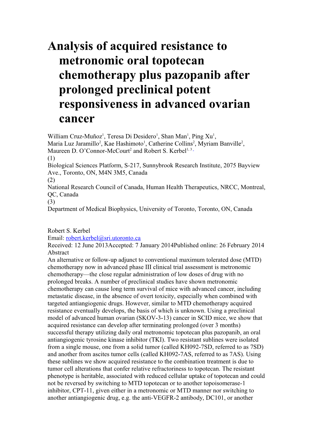 Analysis of Acquired Resistance to Metronomic Oral Topotecan Chemotherapy Plus Pazopanib