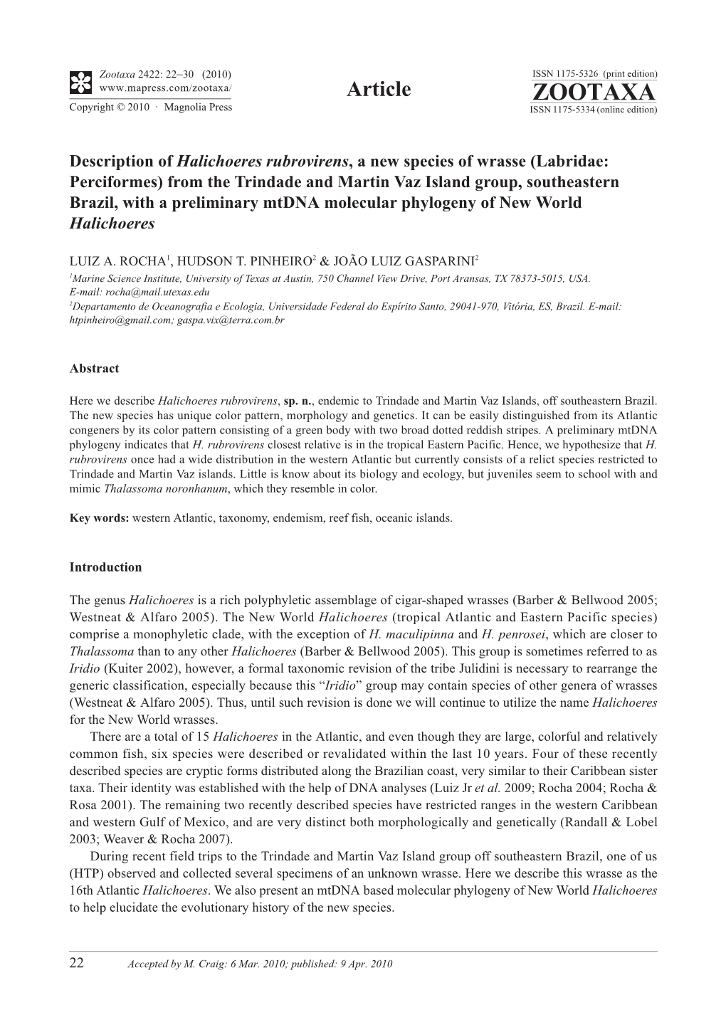 Zootaxa, Description of Halichoeres Rubrovirens, a New Species Of