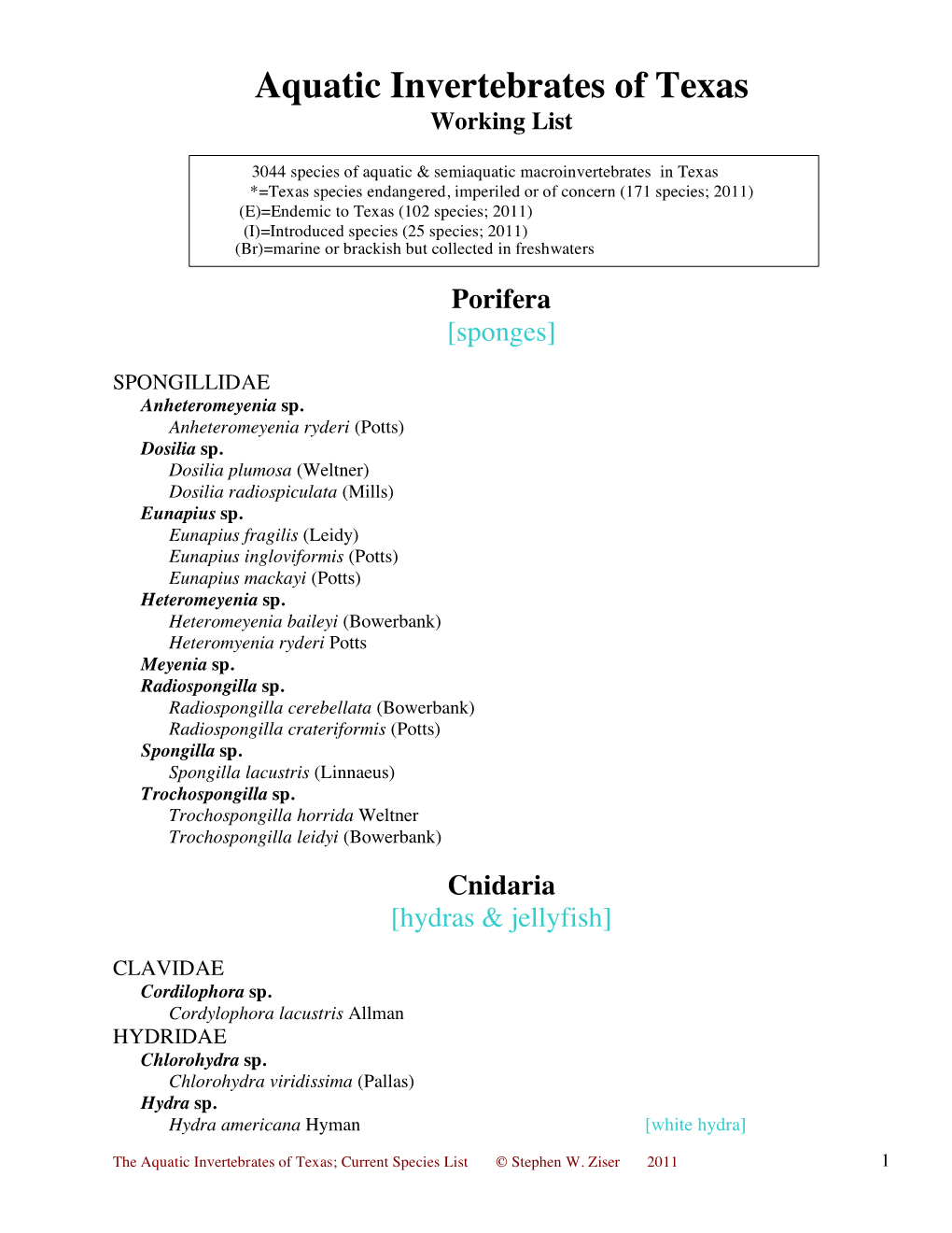 Working List of Texas Species