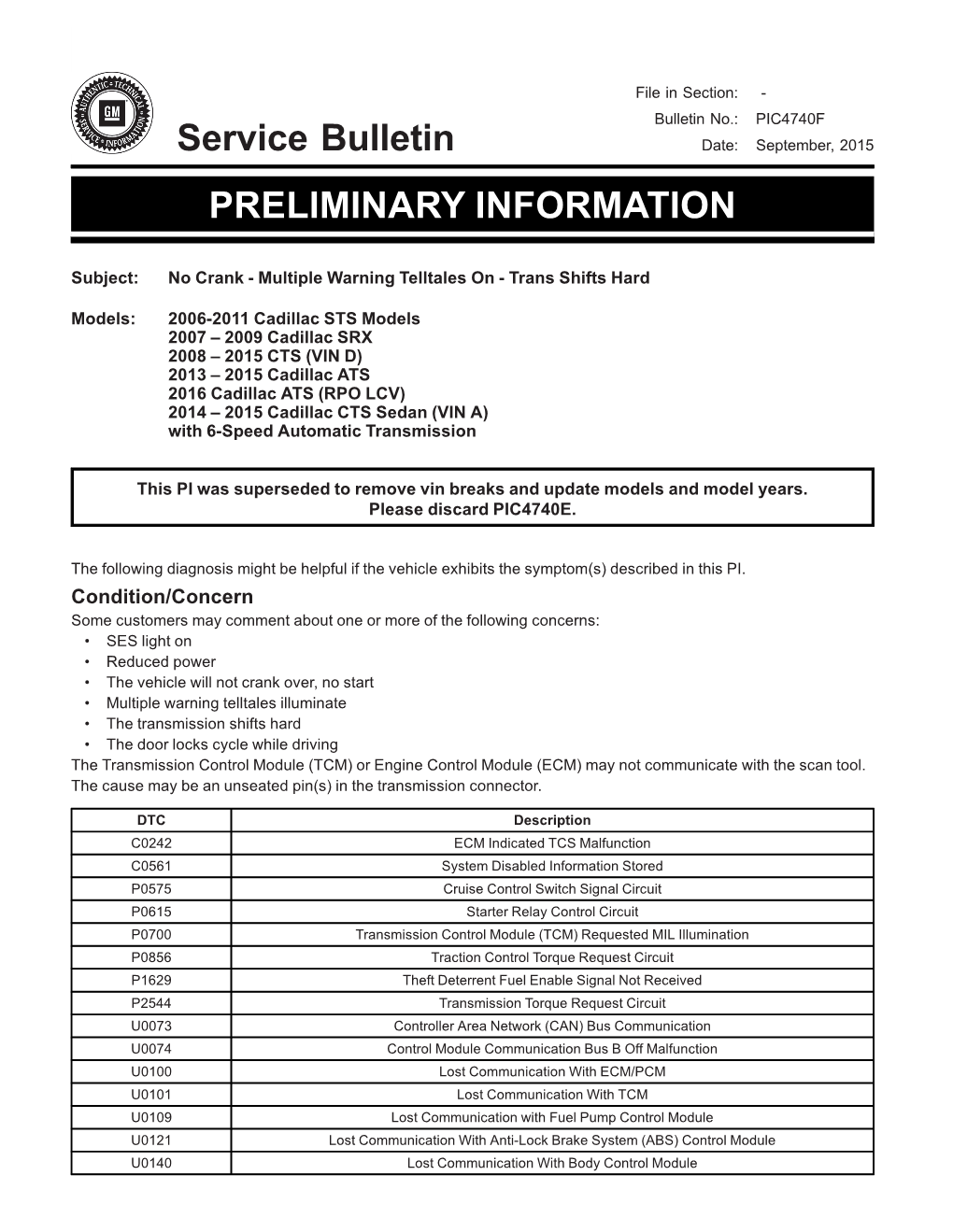 Service Bulletin PRELIMINARY INFORMATION