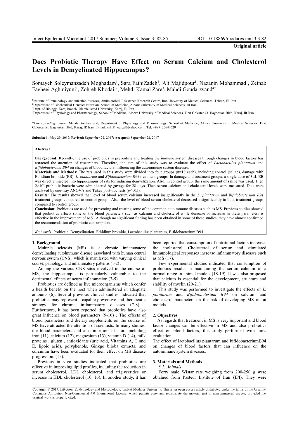 Does Probiotic Therapy Have Effect on Serum Calcium and Cholesterol Levels in Demyelinated Hippocampus?