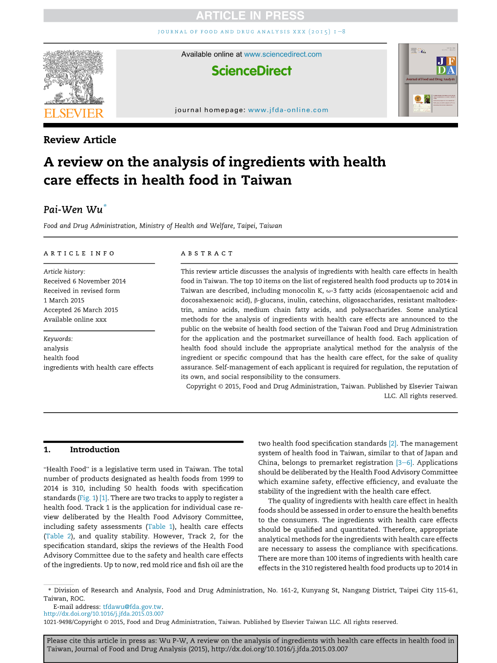 A Review on the Analysis of Ingredients with Health Care Effects in Health Food in Taiwan