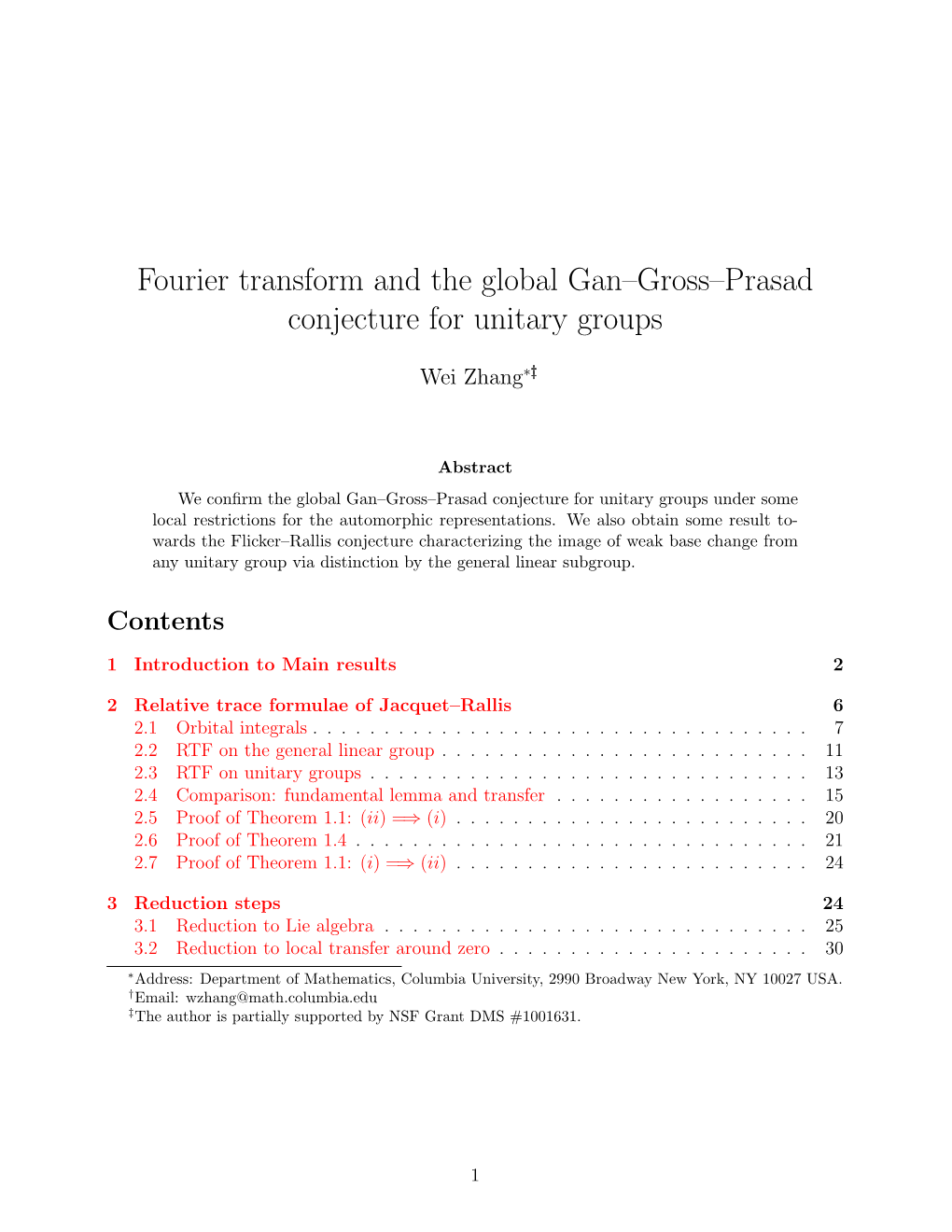 Fourier Transform and the Global Gan–Gross–Prasad Conjecture for Unitary Groups