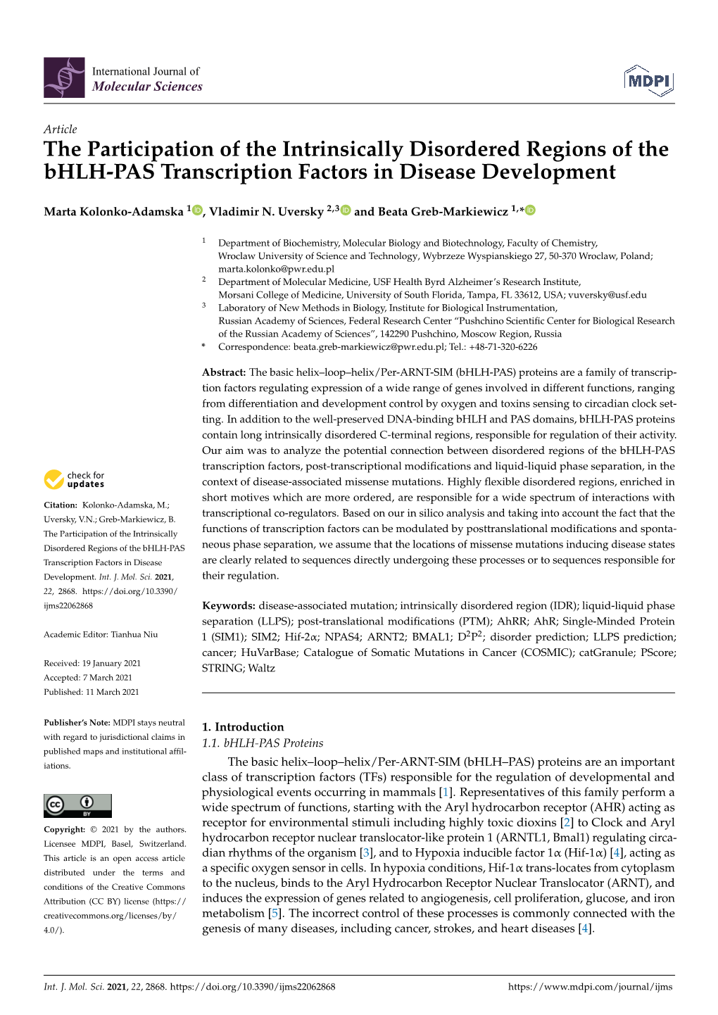 The Participation of the Intrinsically Disordered Regions of the Bhlh-PAS Transcription Factors in Disease Development