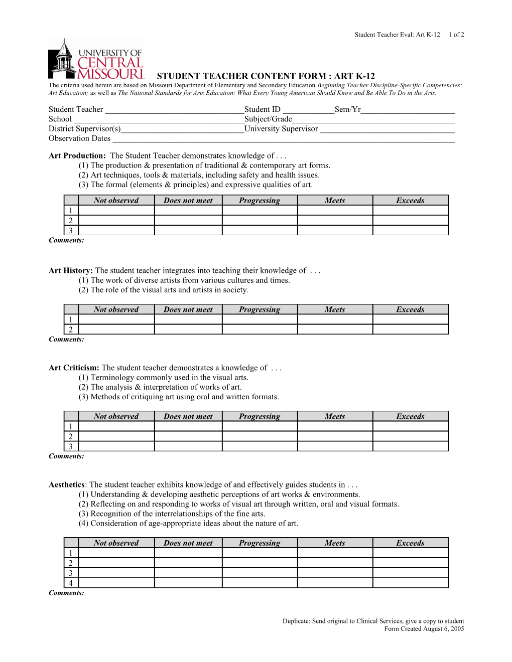 Student Teacher Content Form : Art K-12