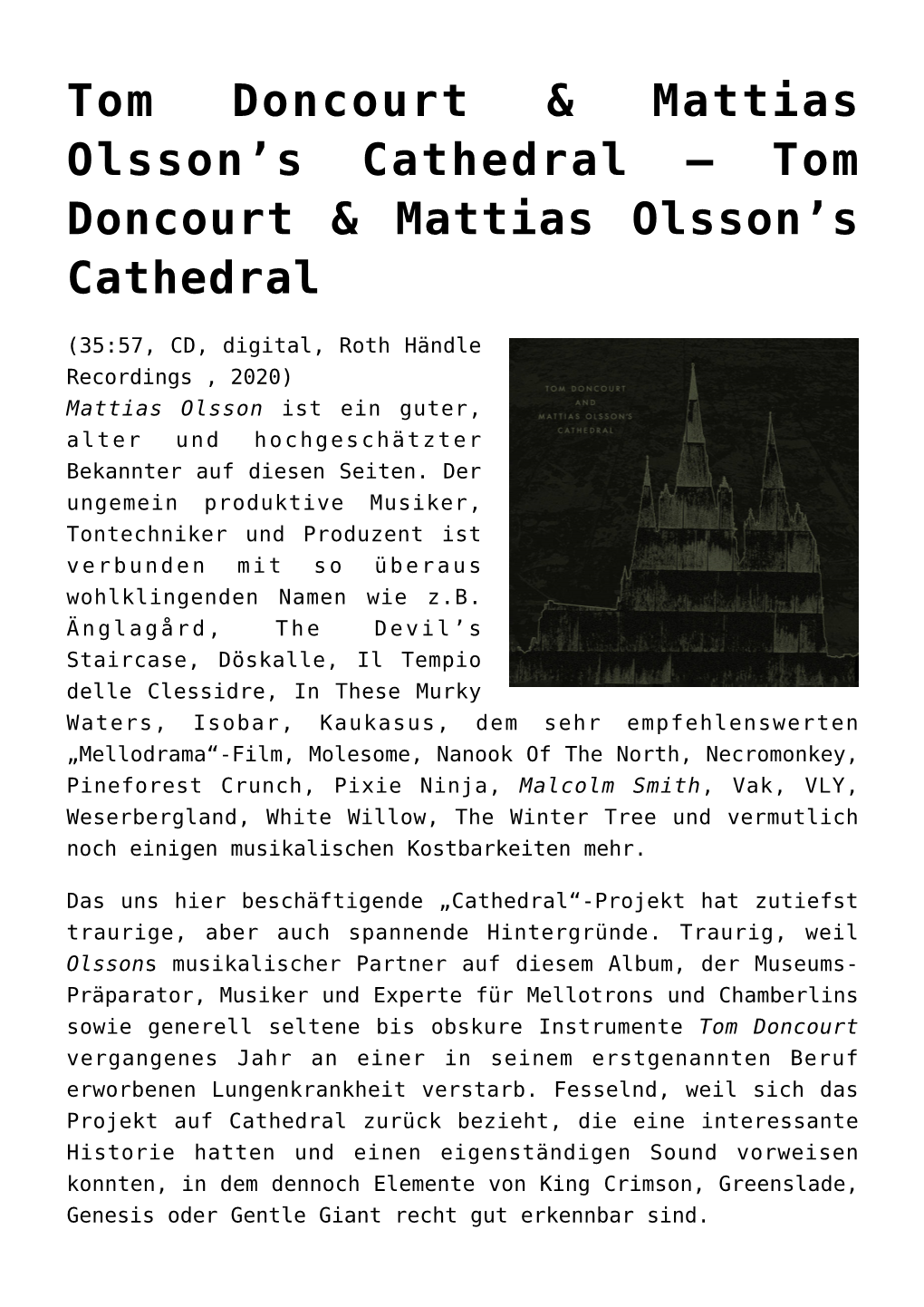 Tom Doncourt & Mattias Olsson&#8217;S Cathedral
