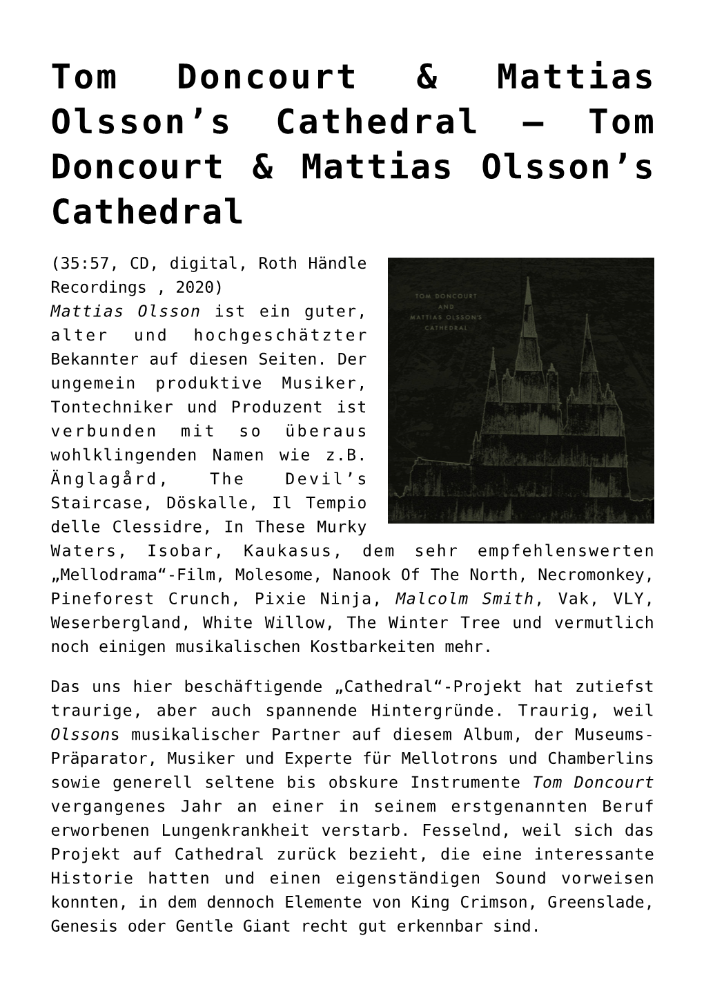 Tom Doncourt & Mattias Olsson’S Cathedral