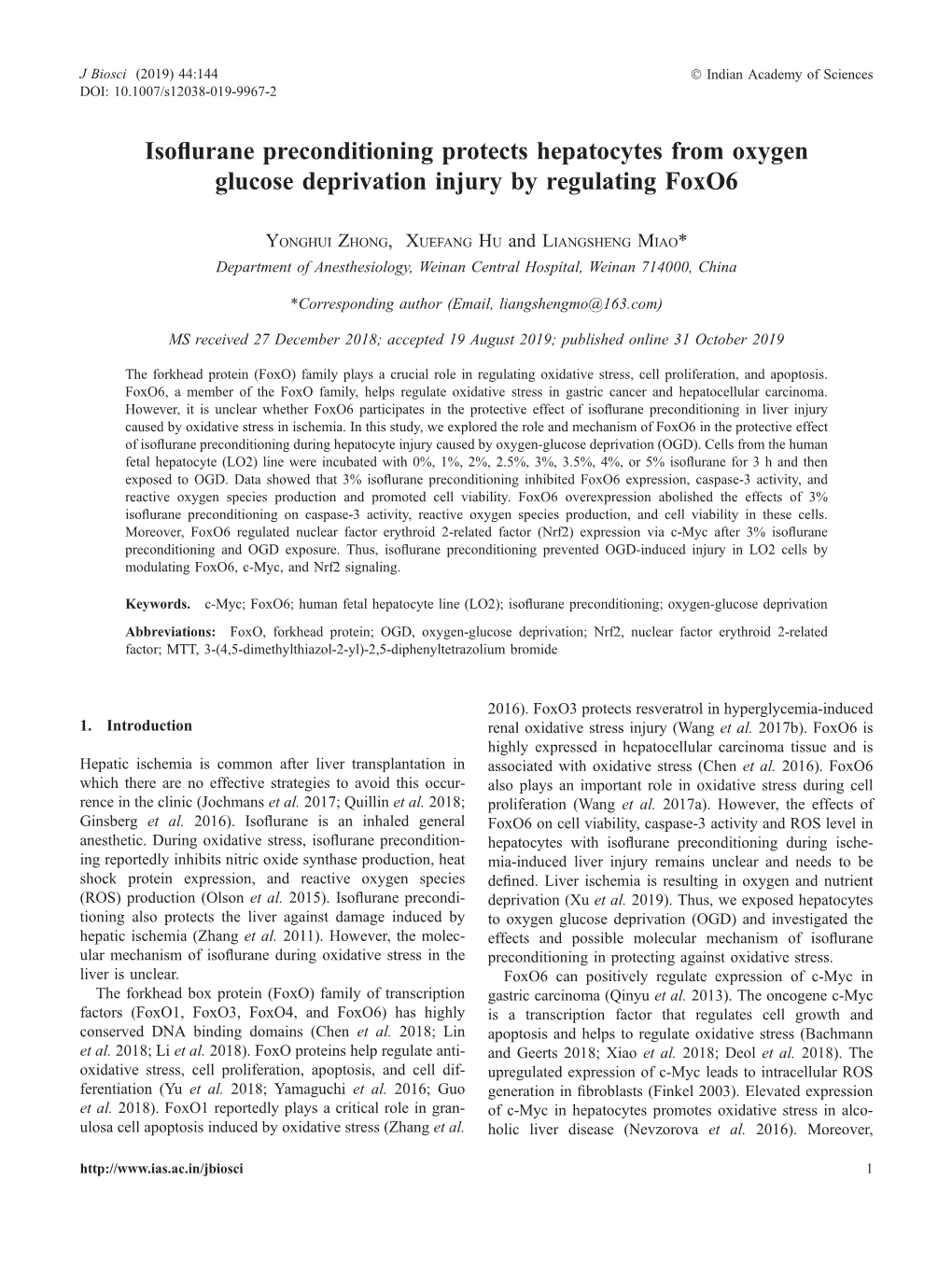 Isoflurane Preconditioning Protects Hepatocytes from Oxygen Glucose Deprivation Injury by Regulating Foxo6