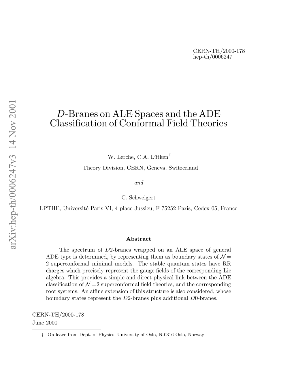 D-Branes on ALE Spaces and the ADE Classification of Conformal