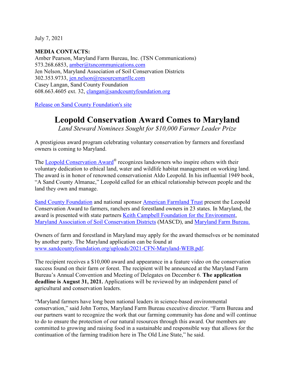 Leopold Conservation Award Comes to Maryland Land Steward Nominees Sought for $10,000 Farmer Leader Prize