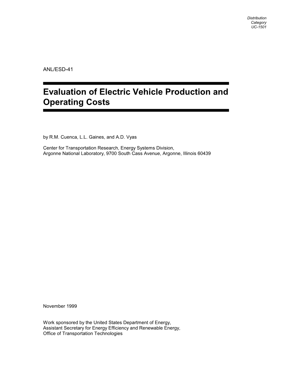 Evaluation of Electric Vehicle Production and Operating Costs