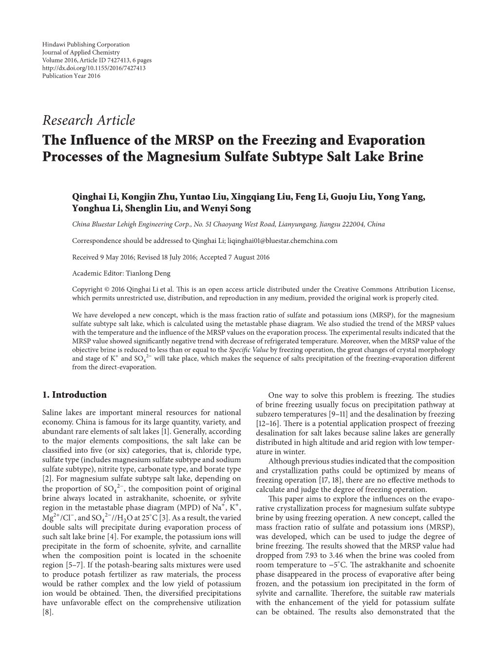 Research Article the Influence of the MRSP on the Freezing and Evaporation Processes of the Magnesium Sulfate Subtype Salt Lake Brine