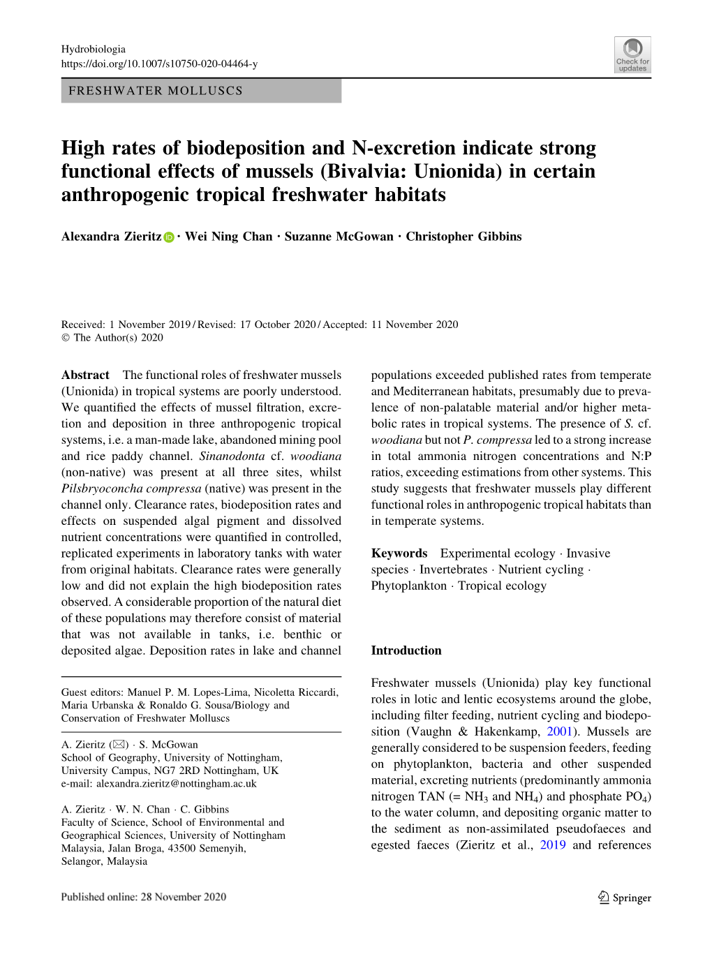 High Rates of Biodeposition and N-Excretion Indicate Strong Functional Effects of Mussels (Bivalvia: Unionida) in Certain Anthropogenic Tropical Freshwater Habitats