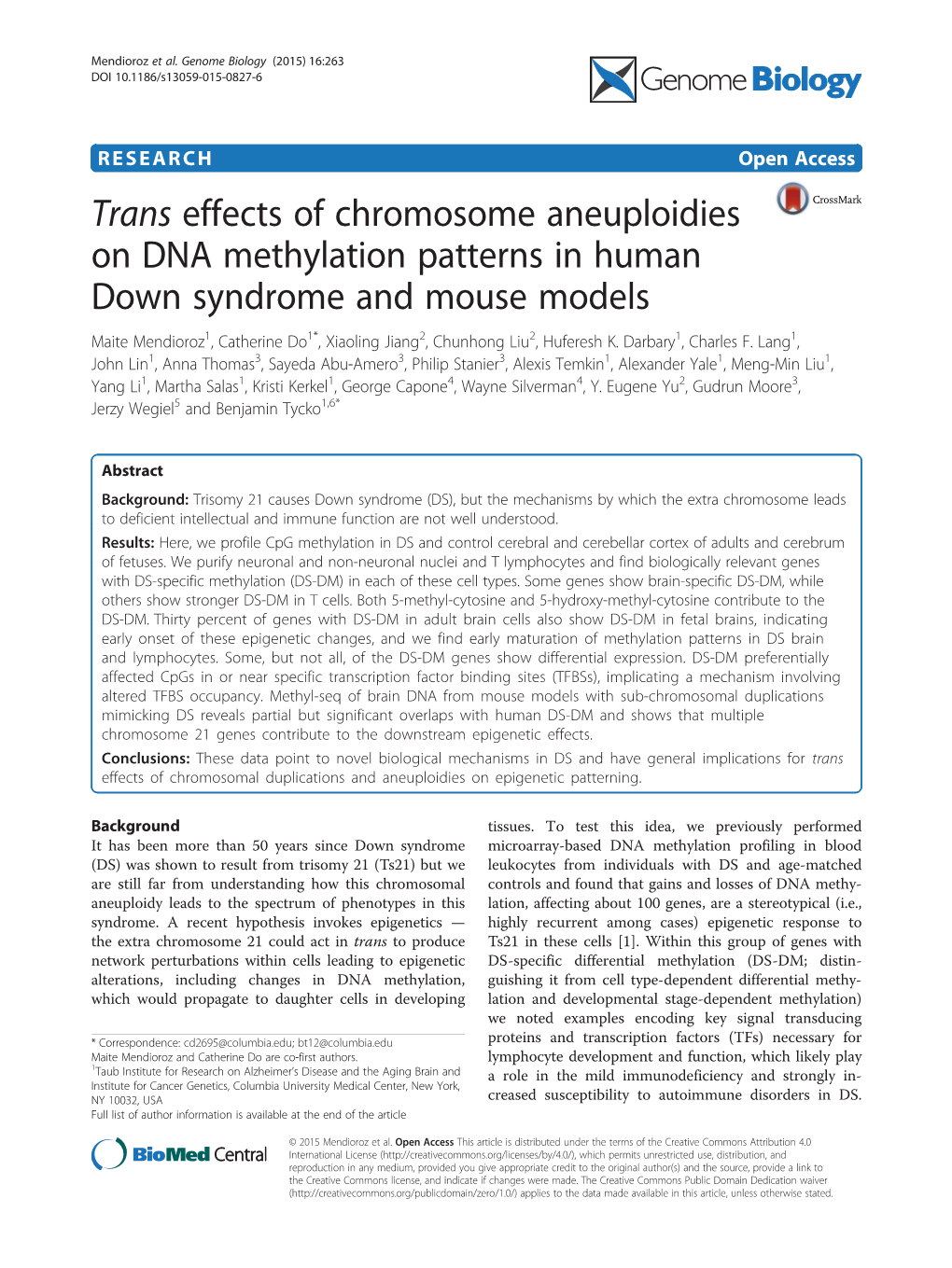 Trans Effects of Chromosome Aneuploidies on DNA Methylation Patterns in Human Down Syndrome and Mouse Models