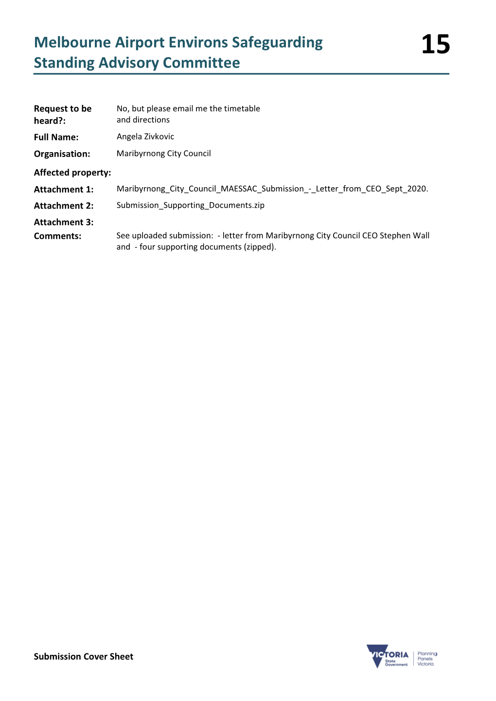 Maribyrnong City Council Affected Property: Attachment 1: Maribyrnong City Council MAESSAC Submission - Letter from CEO Sept 2020