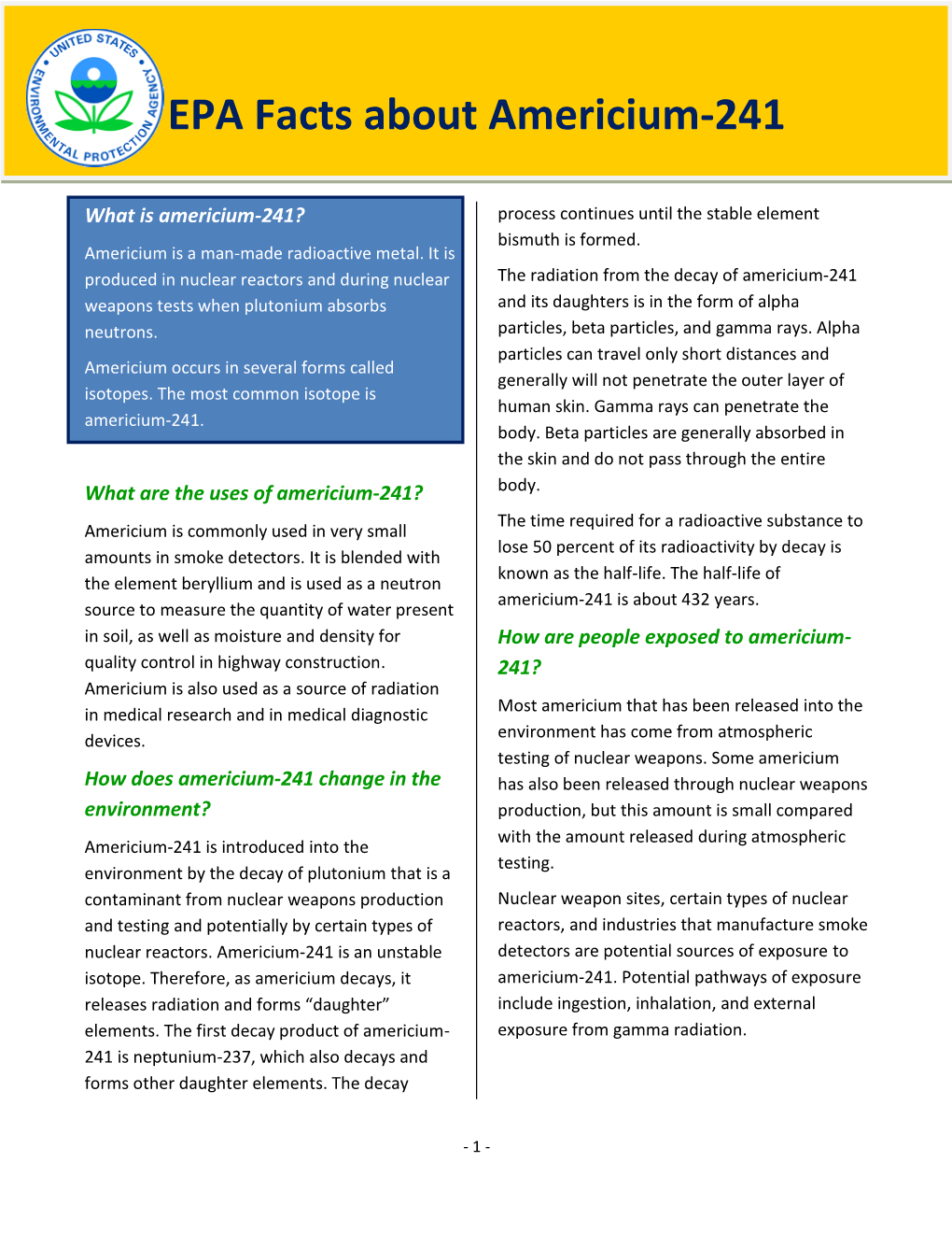 Fact Sheet: Epa Facts About Americium-241