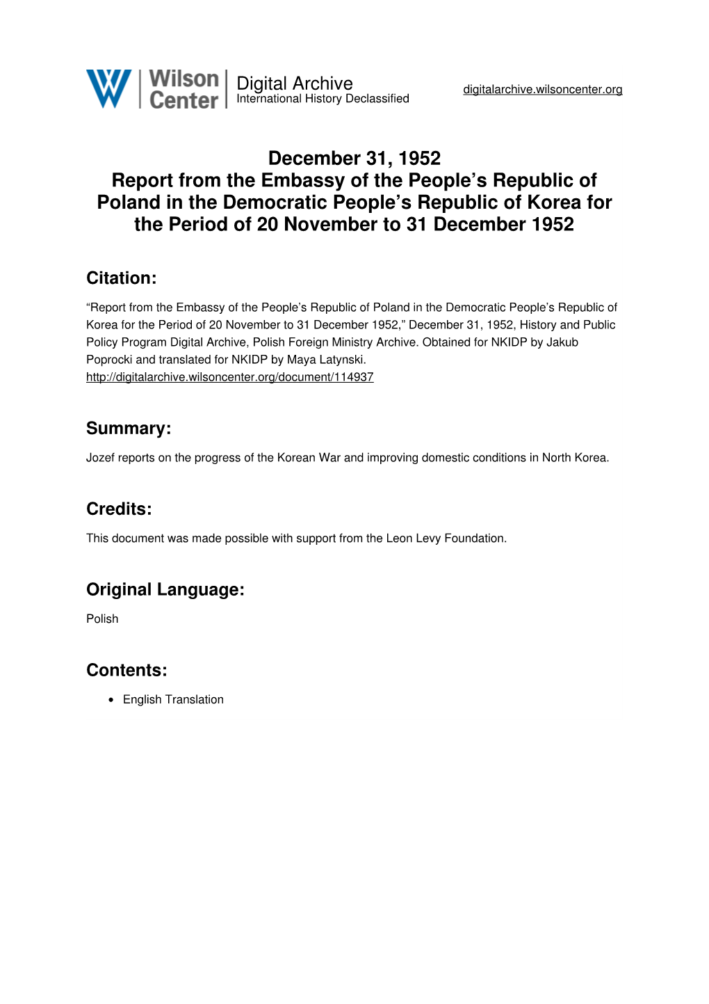 December 31, 1952 Report from the Embassy of the People's Republic