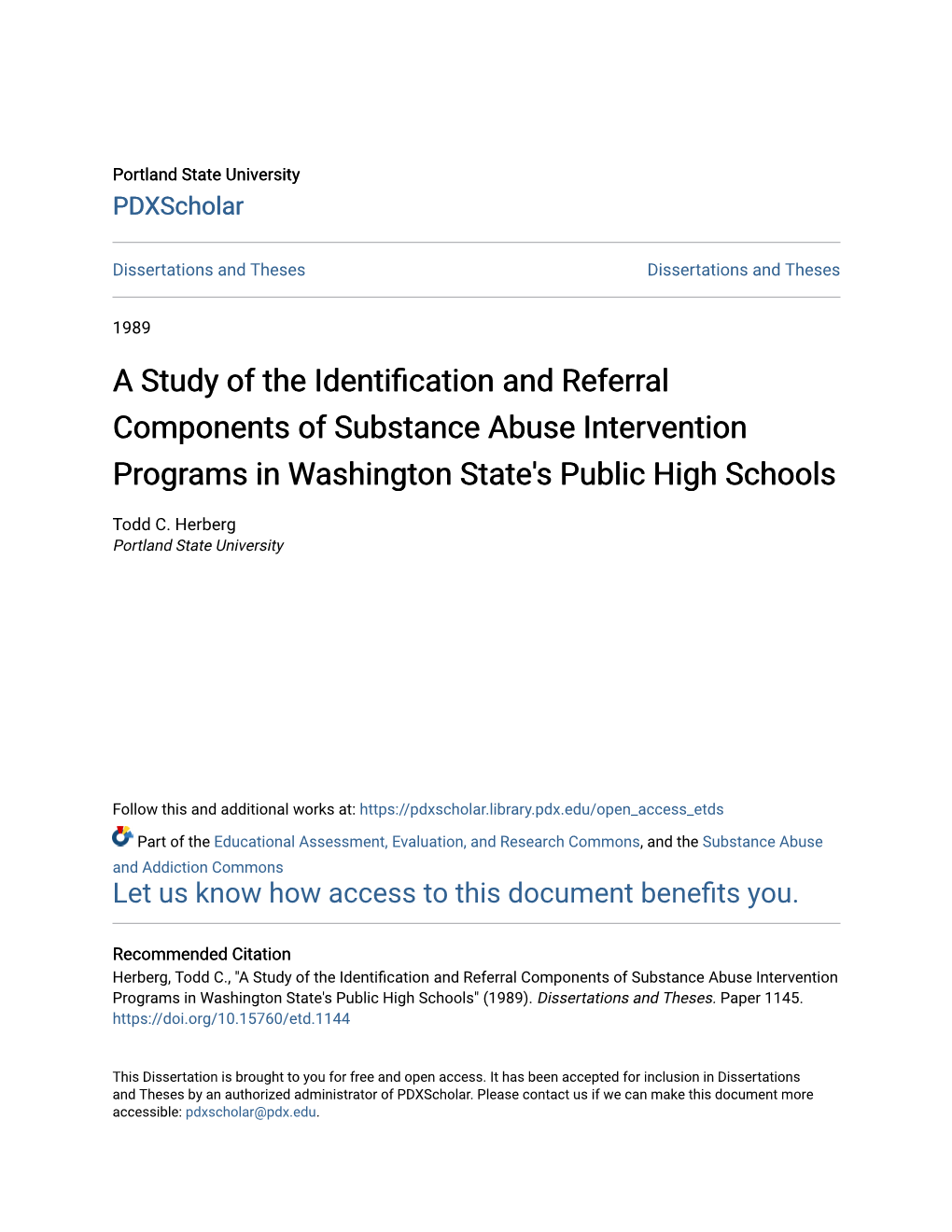 A Study of the Identification and Referral Components of Substance Abuse Intervention Programs in Washington State's Public High Schools