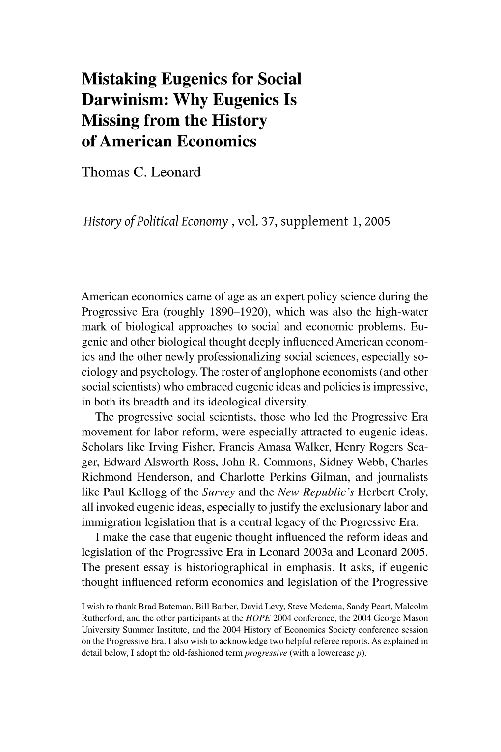 Why Eugenics Is Missing from the History of American Economics Thomas C