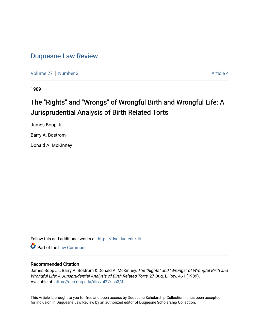Of Wrongful Birth and Wrongful Life: a Jurisprudential Analysis of Birth Related Torts