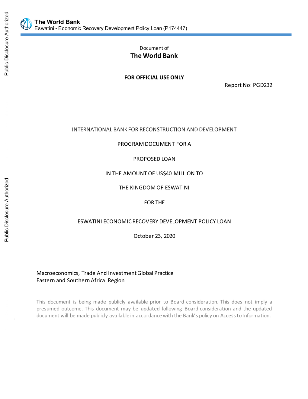 The World Bank Eswatini - Economic Recovery Development Policy Loan (P174447)