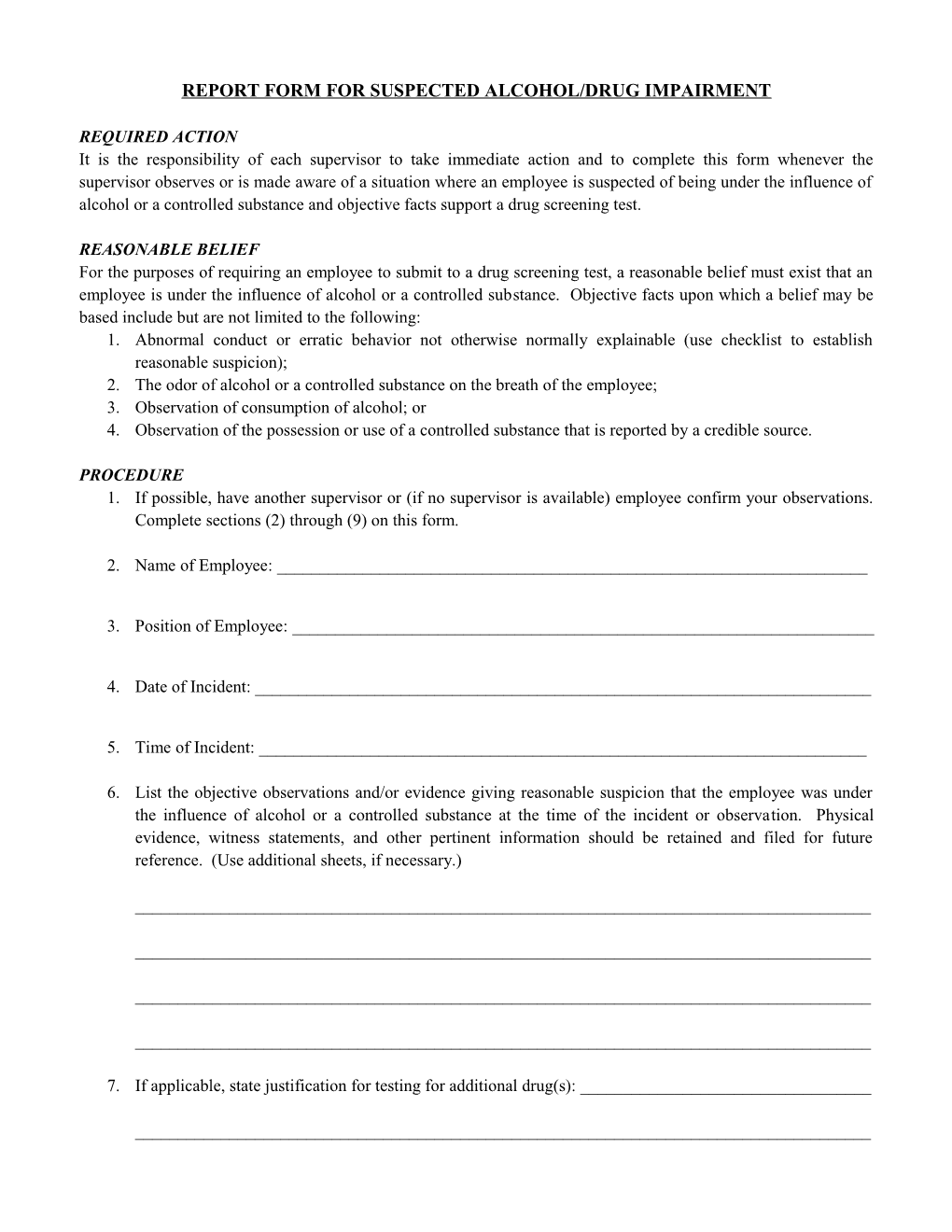 Report Form for Suspected Alcohol/Drug Impairment