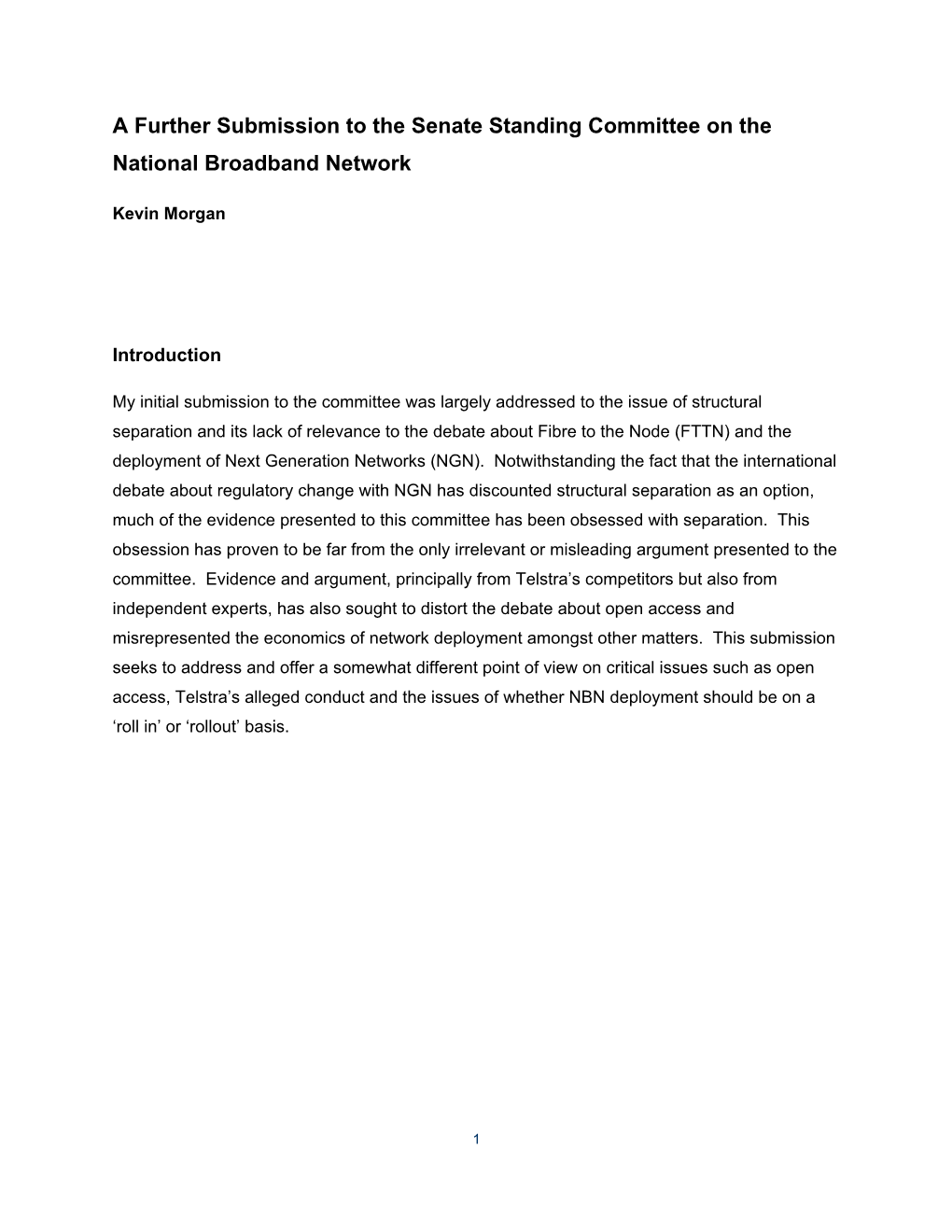 Submission: Senate Select Committee on the National Broadband Network