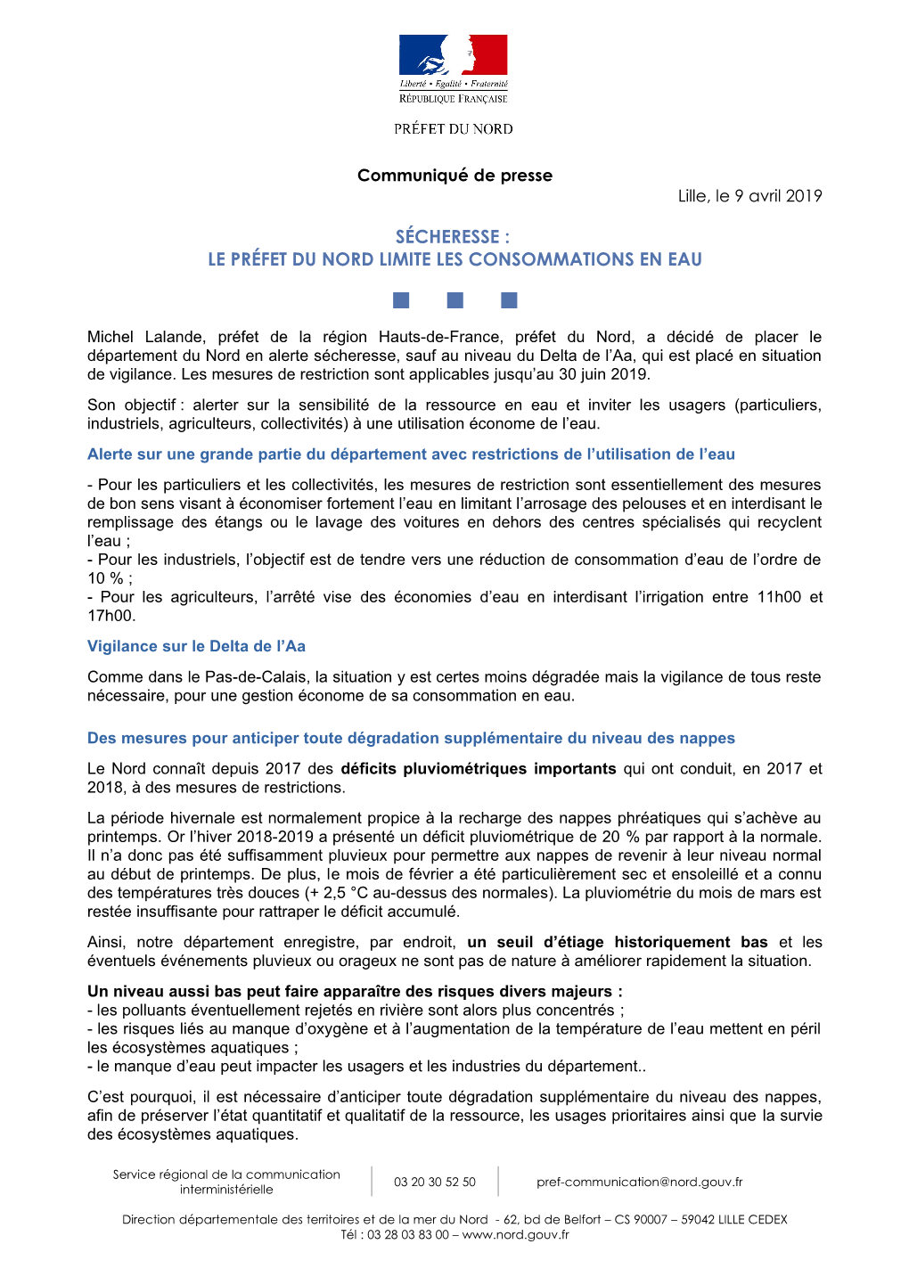 Le Préfet Du Nord Limite Les Consommations En Eau