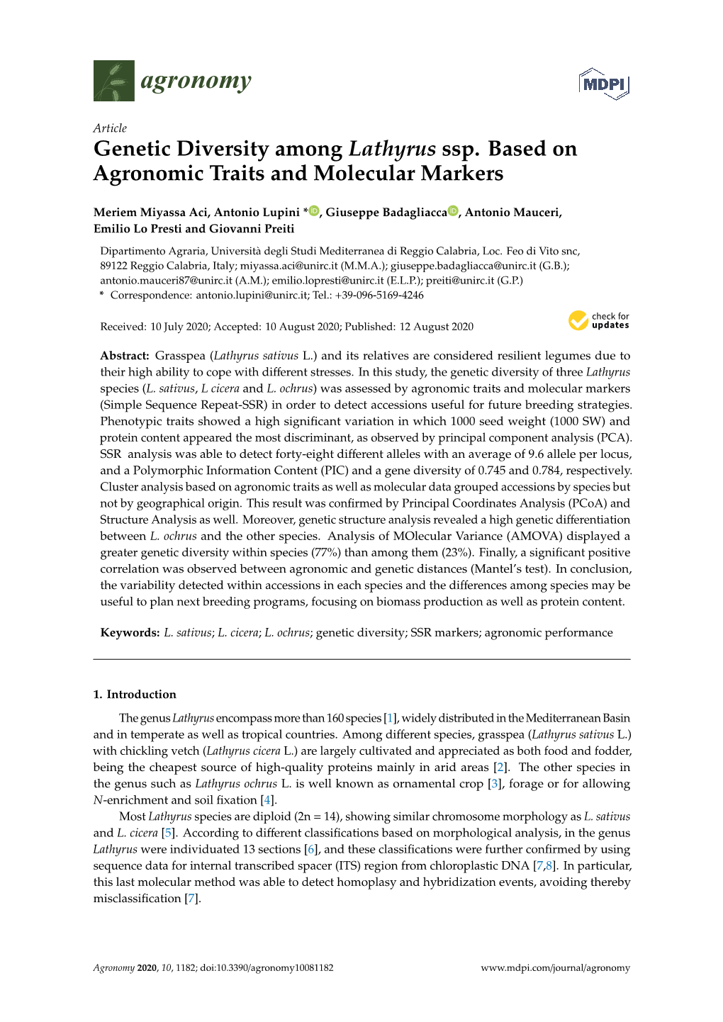 Genetic Diversity Among Lathyrus Ssp. Based on Agronomic Traits and Molecular Markers