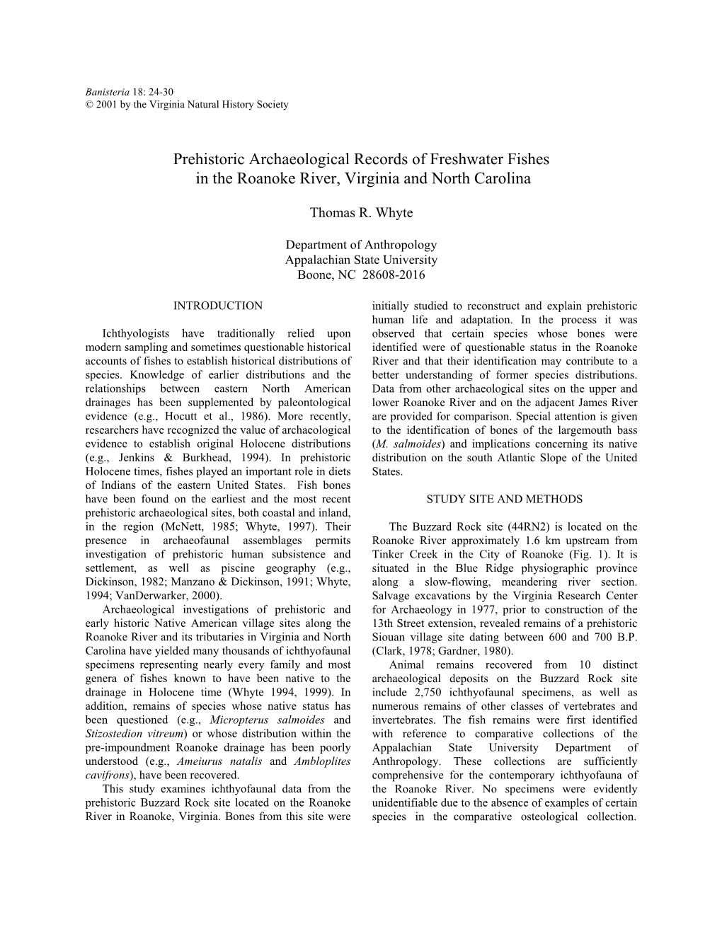 Prehistoric Archaeological Records of Freshwater Fishes in the Roanoke River, Virginia and North Carolina