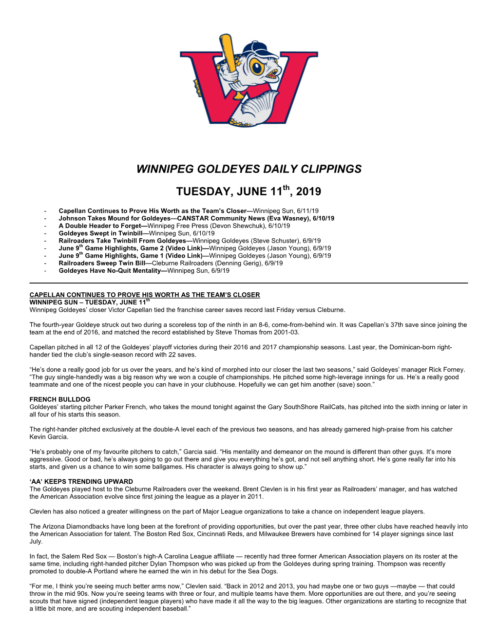 Winnipeg Goldeyes Daily Clippings Tuesday, June 11