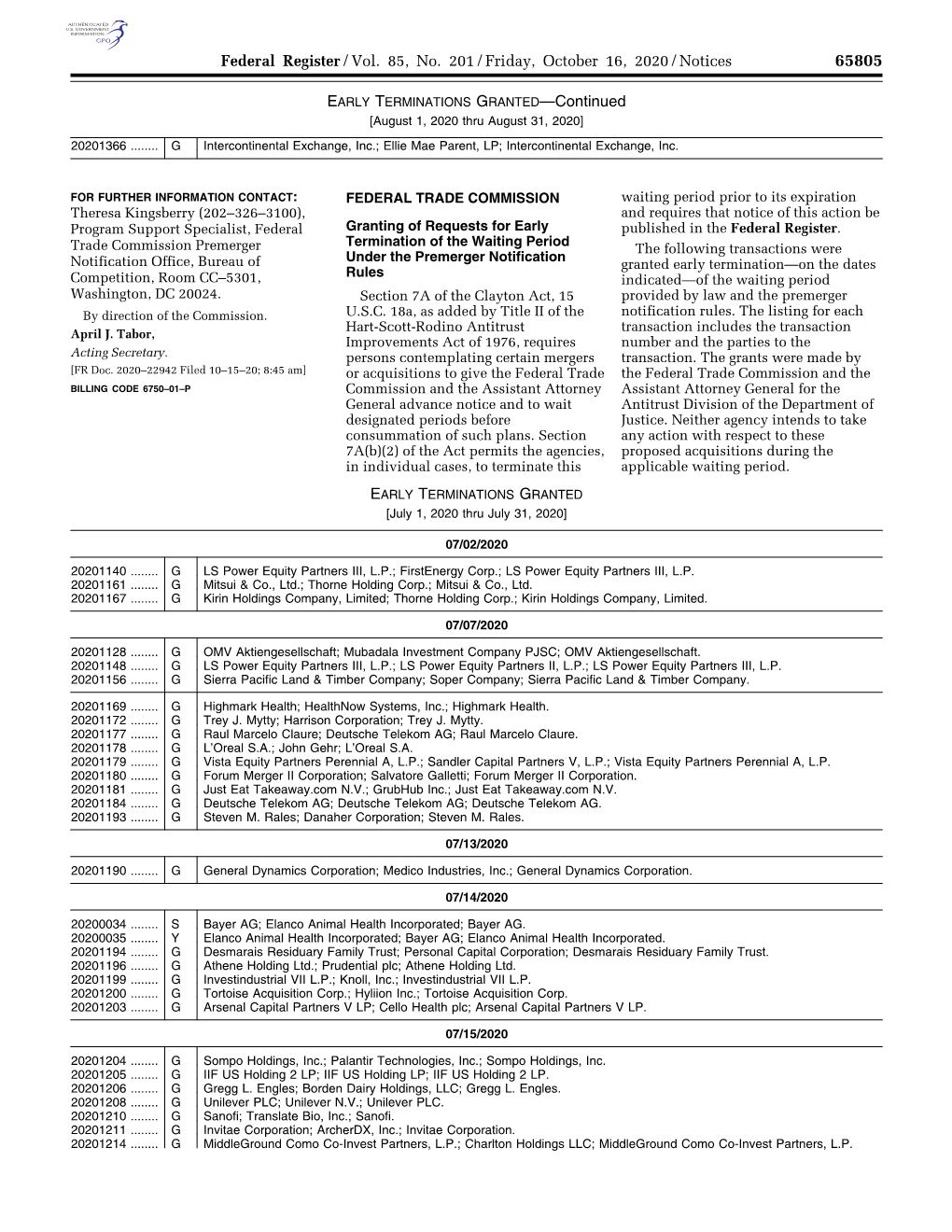 Federal Register/Vol. 85, No. 201/Friday, October 16, 2020/Notices