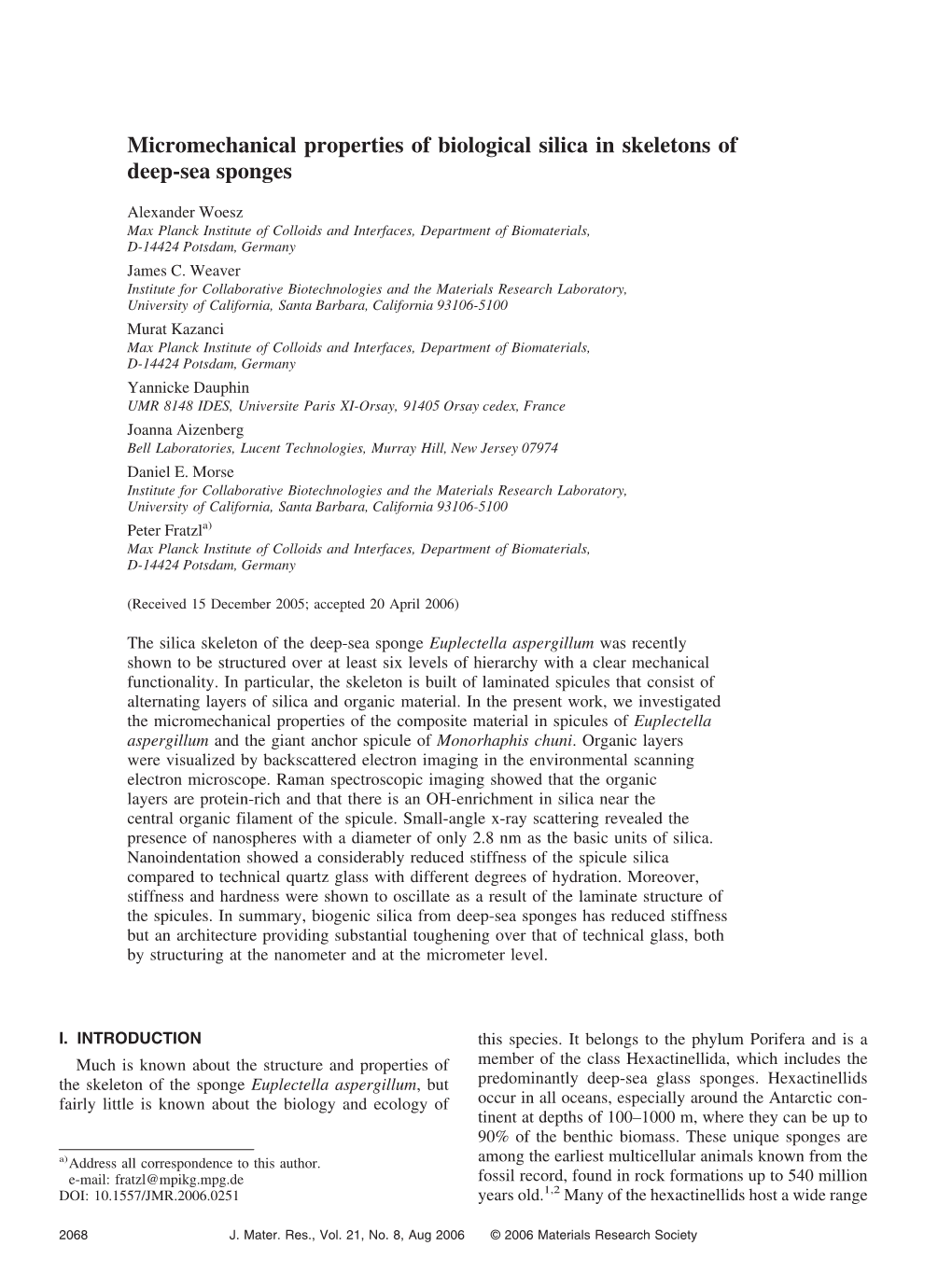 Micromechanical Properties of Biological Silica in Skeletons of Deep-Sea Sponges