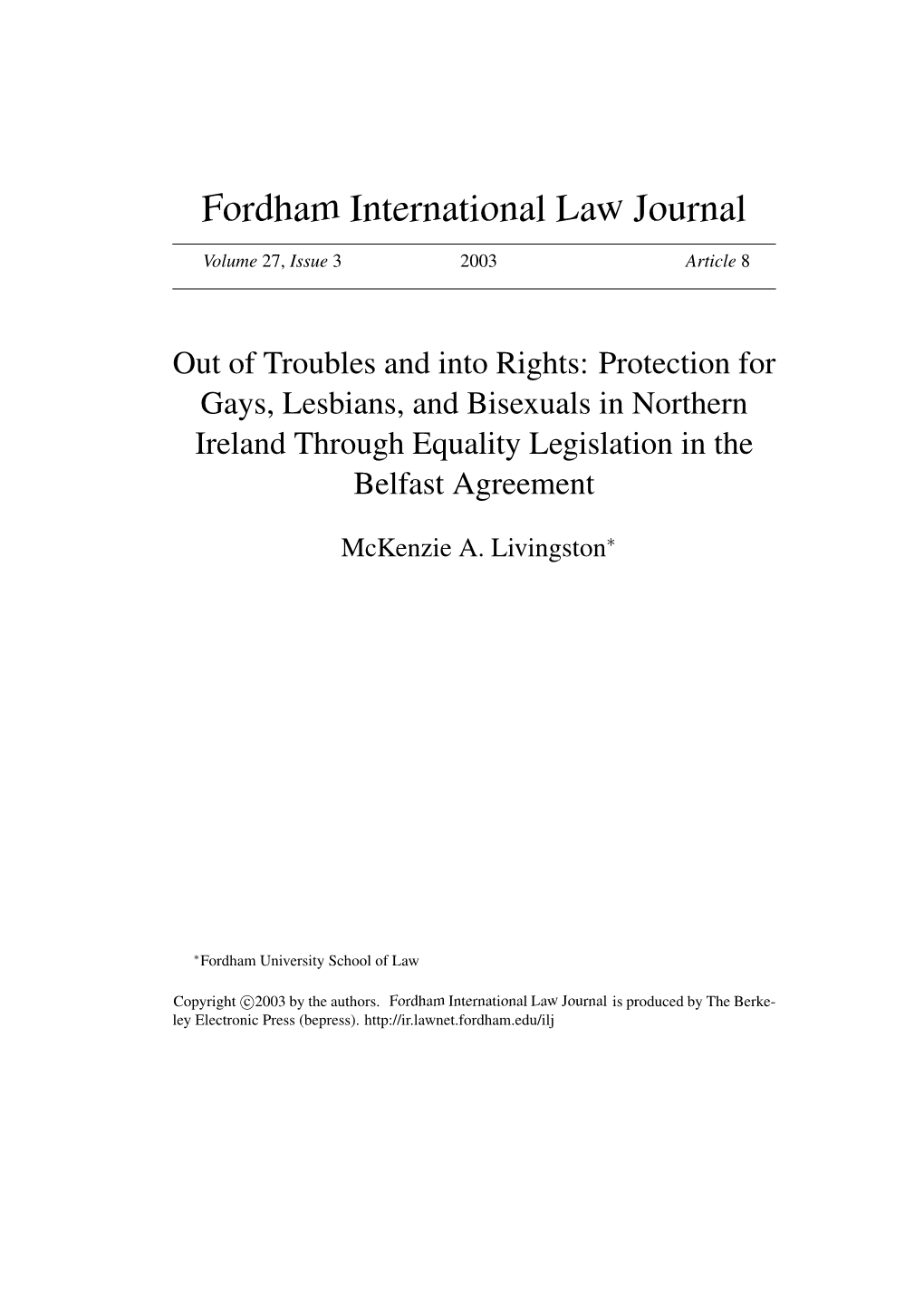 Protection for Gays, Lesbians, and Bisexuals in Northern Ireland Through Equality Legislation in the Belfast Agreement