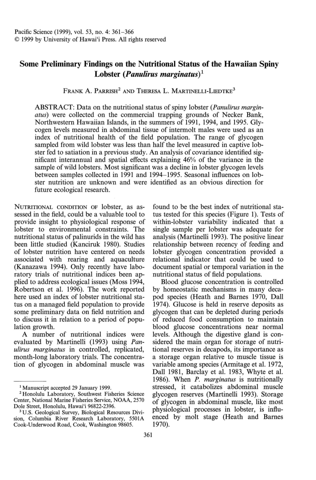 Some Preliminary Findings on the Nutritional Status of the Hawaiian Spiny Lobster (Panulirus Marginatus)L