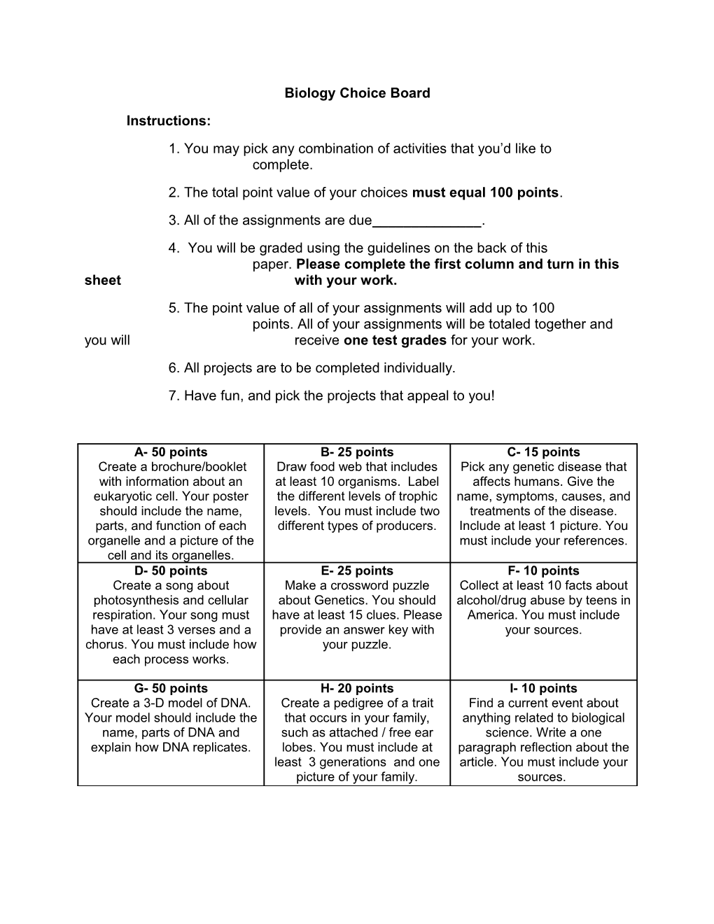 Biology Choice Board