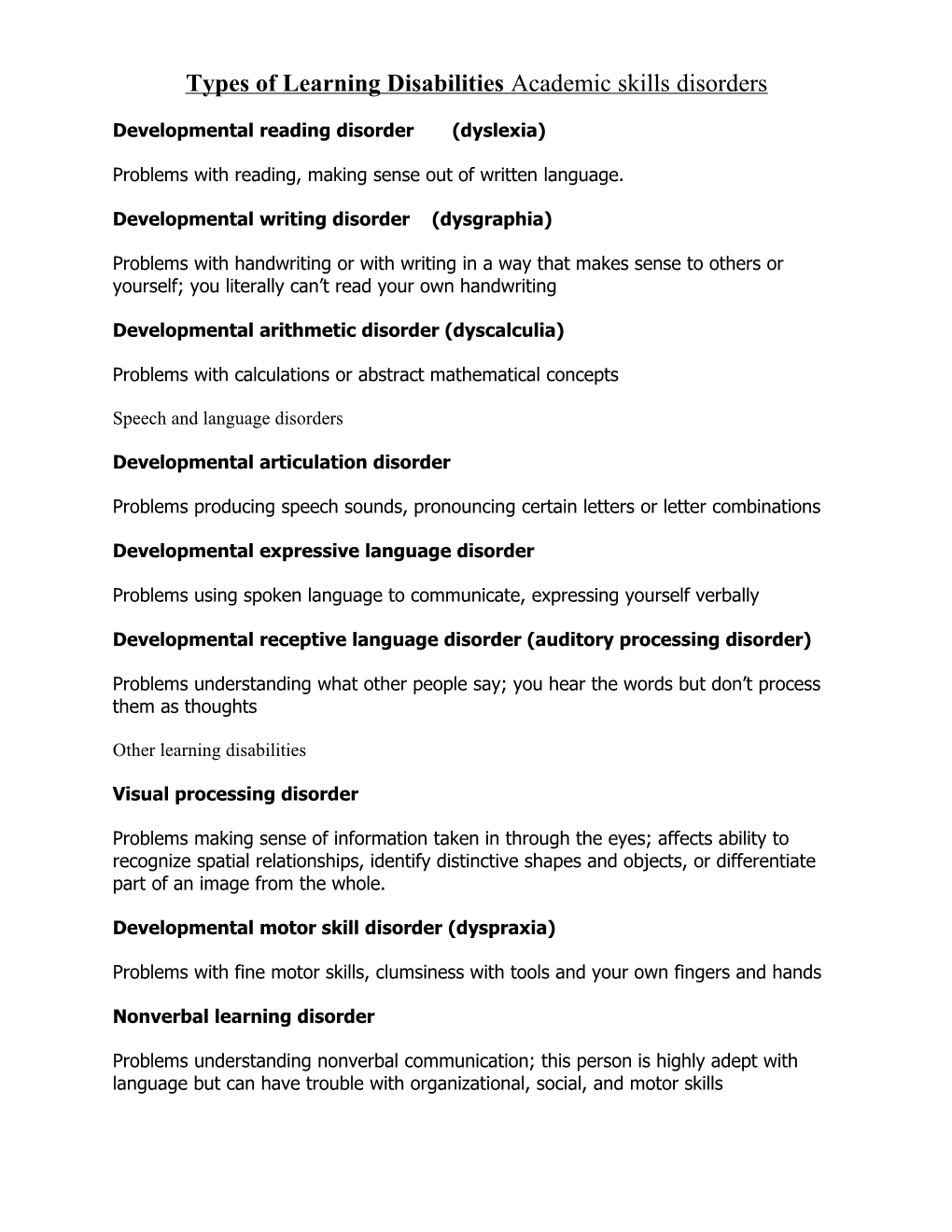 Types of Learning Disabilities Academic Skills Disorders