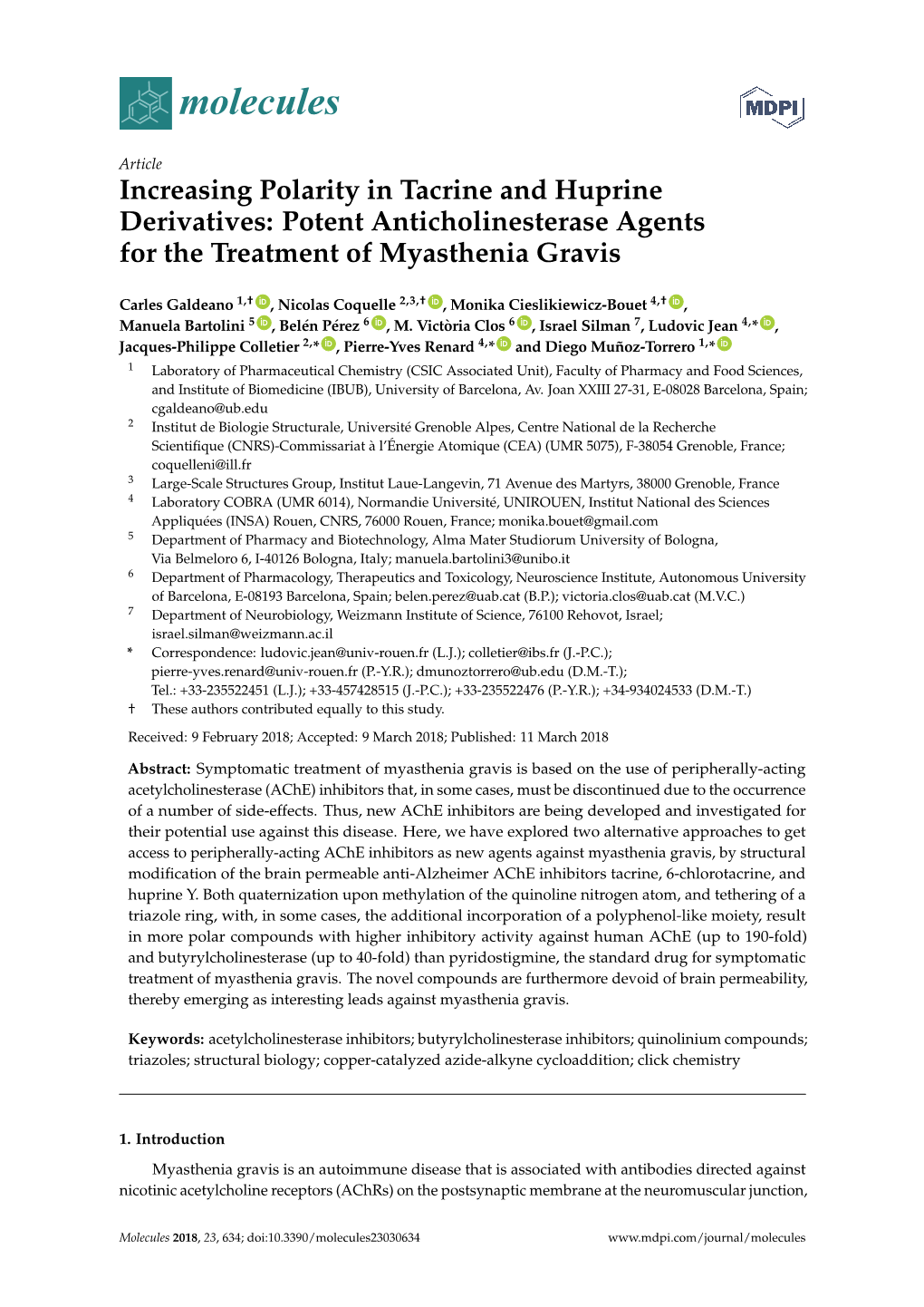 Increasing Polarity in Tacrine and Huprine Derivatives: Potent Anticholinesterase Agents for the Treatment of Myasthenia Gravis