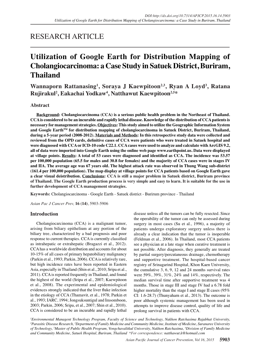 Utilization of Google Earth for Distribution Mapping of Cholangiocarcinoma: a Case Study in Satuek District, Buriram, Thailand