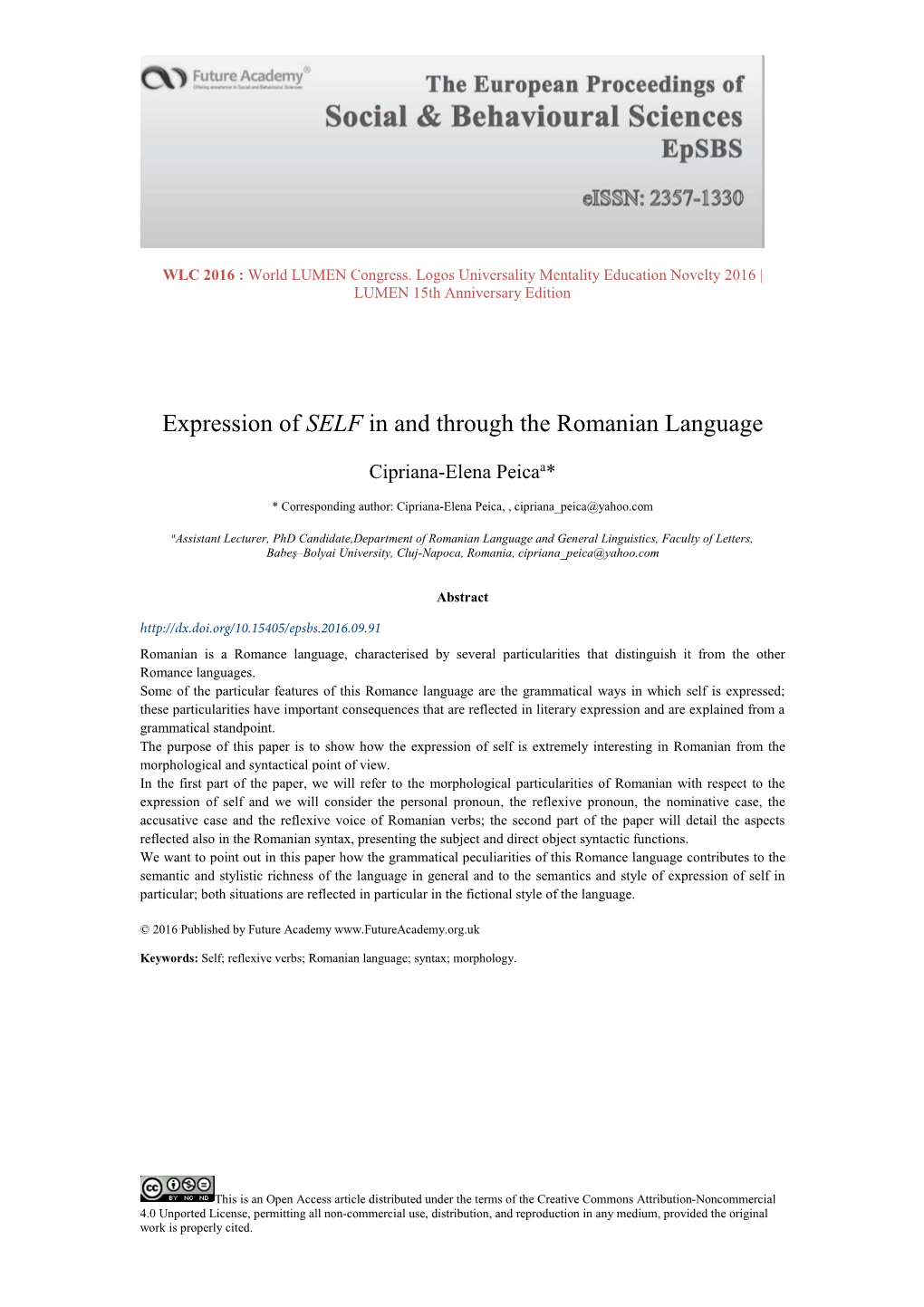 Expression of SELF in and Through the Romanian Language
