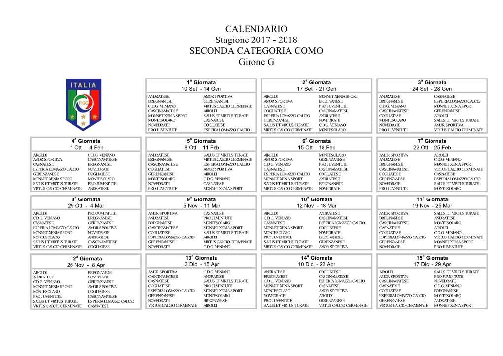 CALENDARIO Stagione 2017 - 2018 SECONDA CATEGORIA COMO Girone G