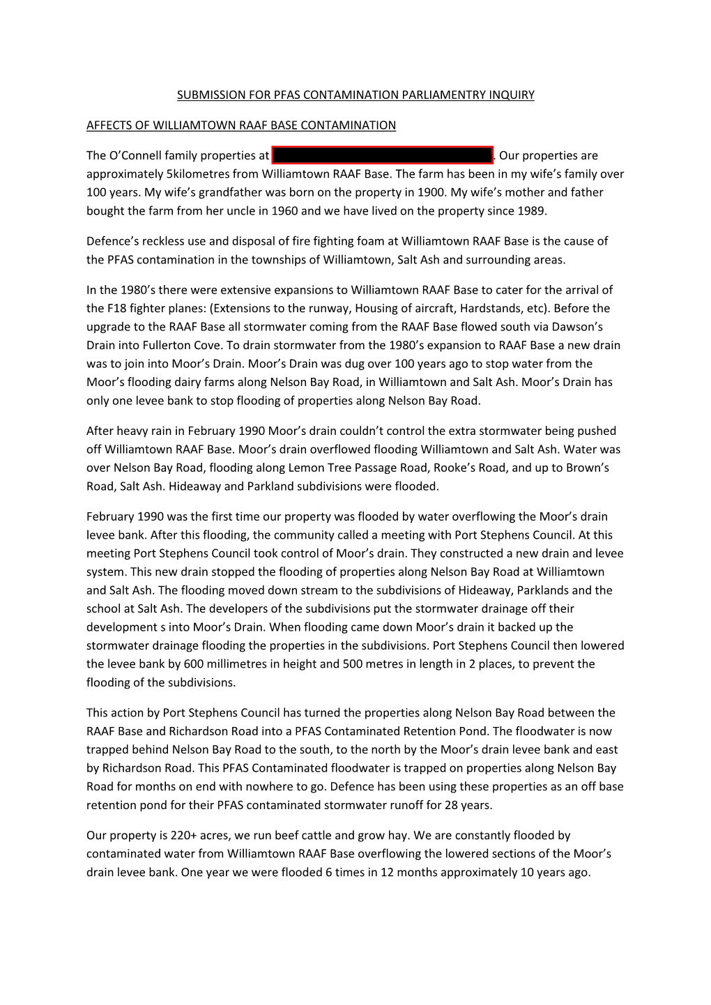 SUBMISSION for PFAS CONTAMINATION PARLIAMENTRY INQUIRY AFFECTS of WILLIAMTOWN RAAF BASE CONTAMINATION the O'connell Family