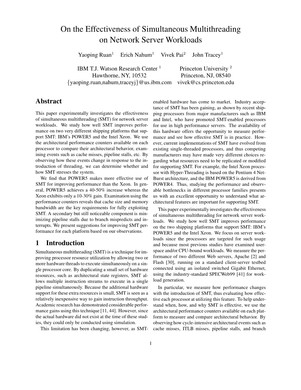 On the Effectiveness of Simultaneous Multithreading on Network Server Workloads