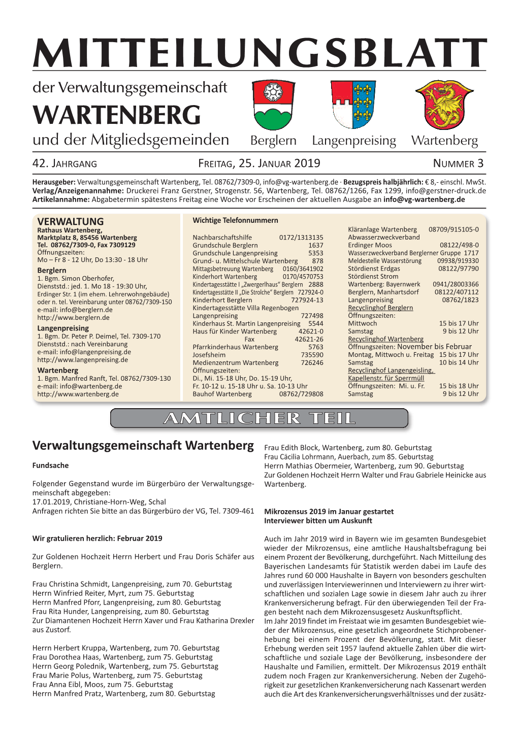 MITTEILUNGSBLATT Der Verwaltungsgemeinschaft WARTENBERG Und Der Mitgliedsgemeinden Berglern Langenpreising Wartenberg