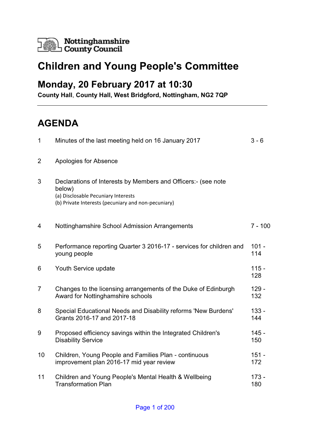 Children and Young People's Committee Monday, 20 February 2017 at 10:30 County Hall, County Hall, West Bridgford, Nottingham, NG2 7QP