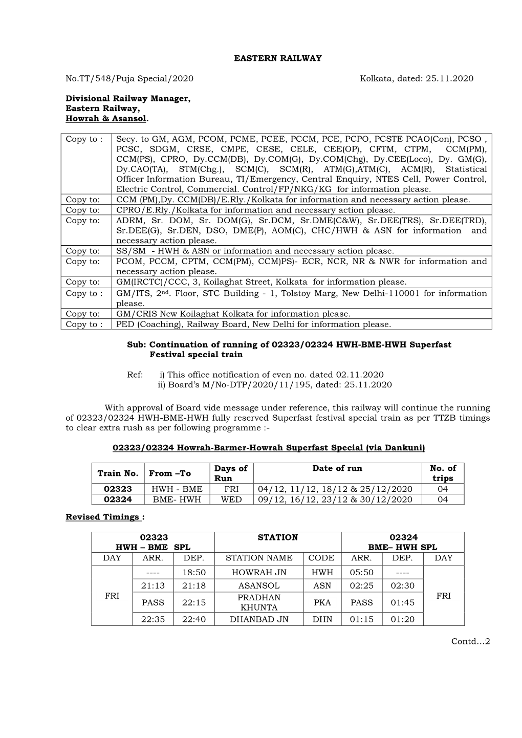 EASTERN RAILWAY No.TT/548/Puja Special/2020 Kolkata, Dated: 25.11